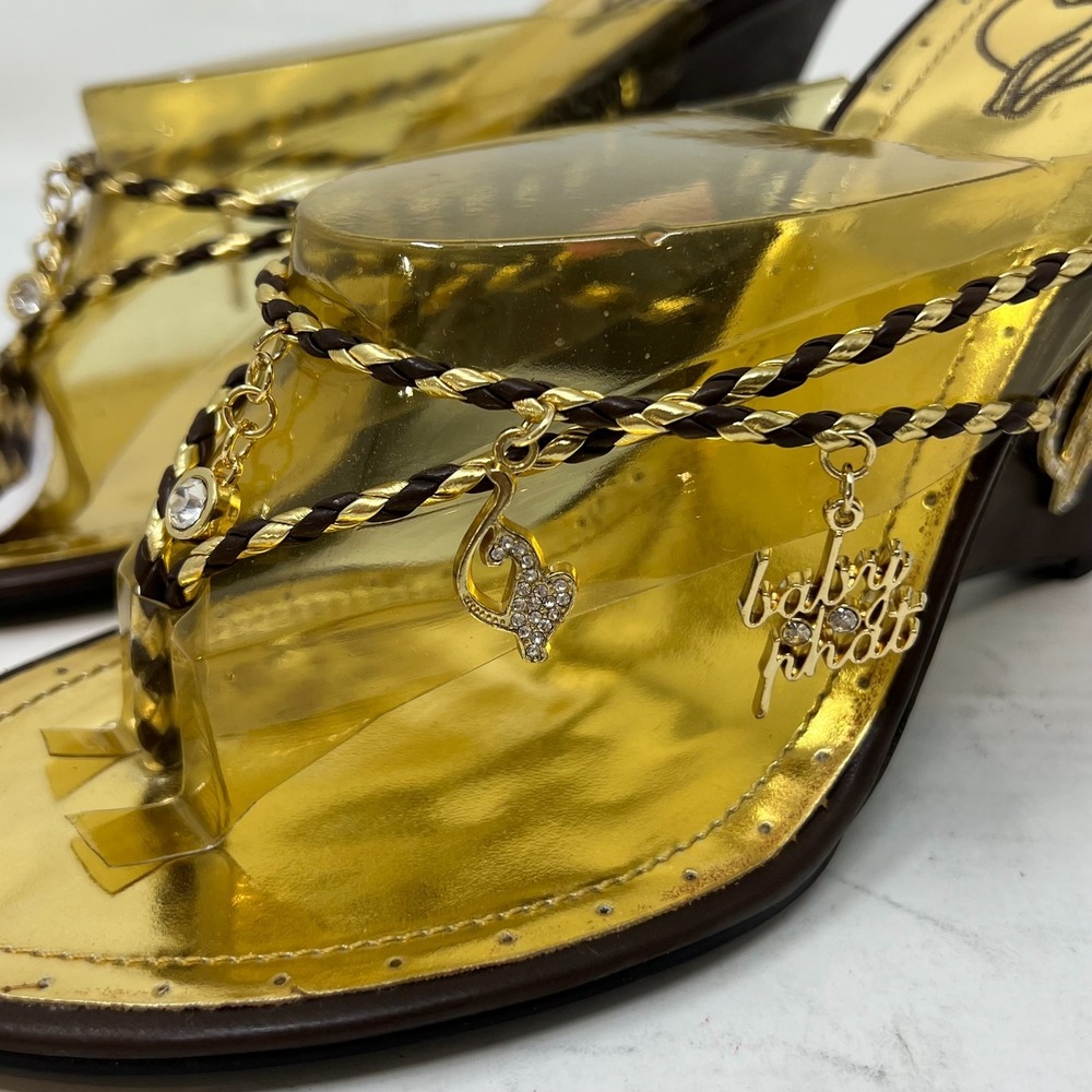 Baby Phat Gold/Brown Wedge Sandals Rhinestone Y2K Glam Women's US 10B VTG NEW - Picture 2 of 16